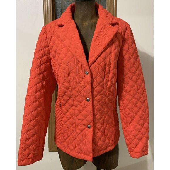 Calvin Klein Orange Diamond Quilted Coat Jacket Large Snaps Pocket Collar - Picture 1 of 13